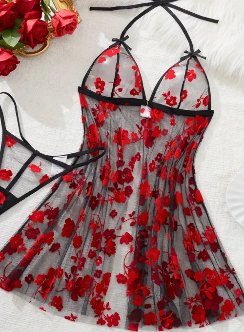 Çiçek Desenli Siyah Transparan Gecelik TM1319