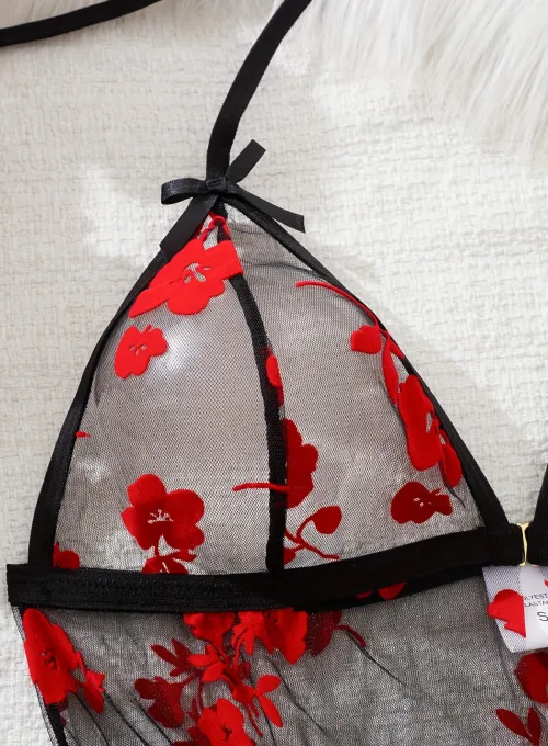 Çiçek Desenli Siyah Transparan Gecelik TM1319