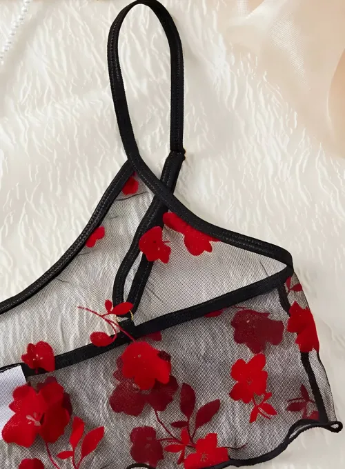 Çiçek Desenli Siyah Transparan Şortlu Gecelik TM1377