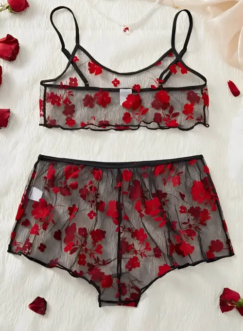 Çiçek Desenli Siyah Transparan Şortlu Gecelik TM1377