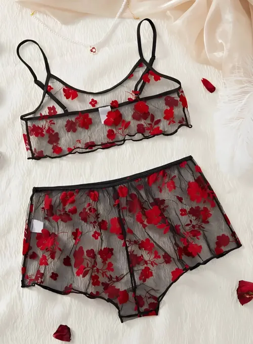 Çiçek Desenli Siyah Transparan Şortlu Gecelik TM1377