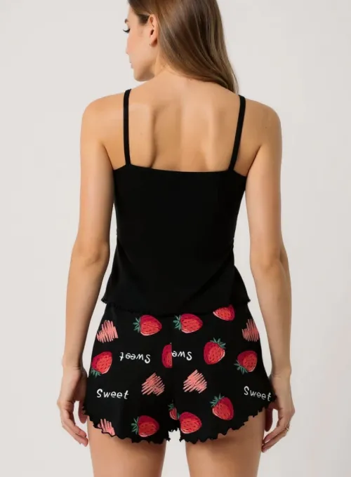 Çilek Baskılı Siyah Askılı Şortlu Pijama Takımı
