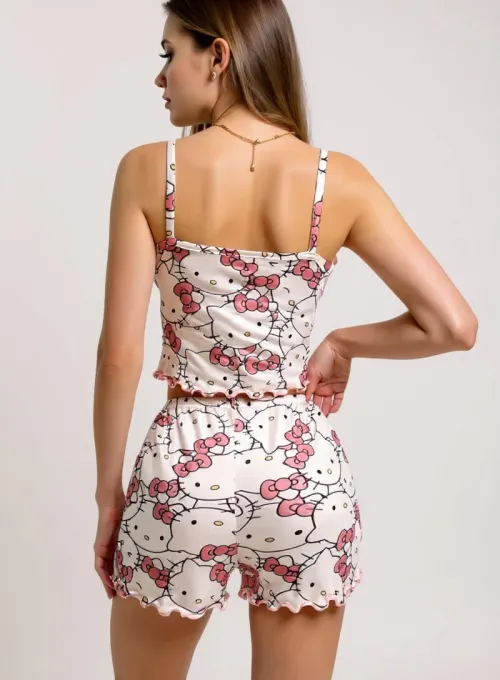 Hello Kitty Baskılı Askılı Şortlu Pijama Takımı