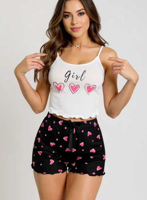 Kalp Desenli Askılı Şortlu Pijama Takımı