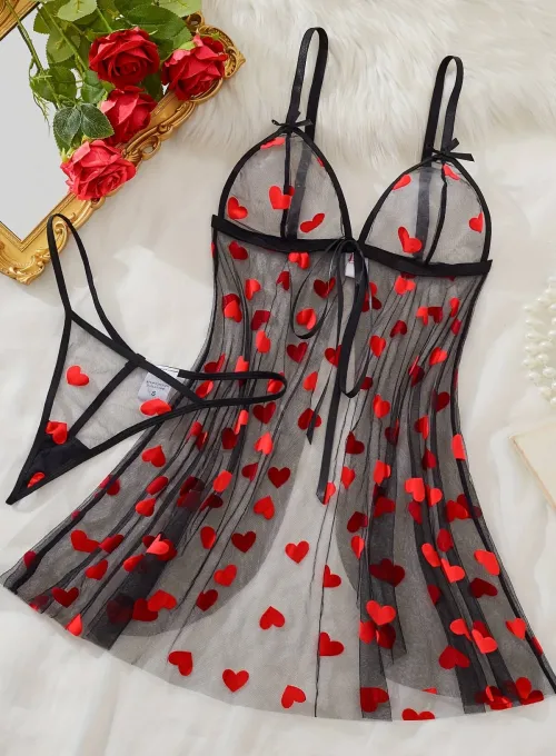 Kalp Desenli Siyah Transparan Gecelik TM1378