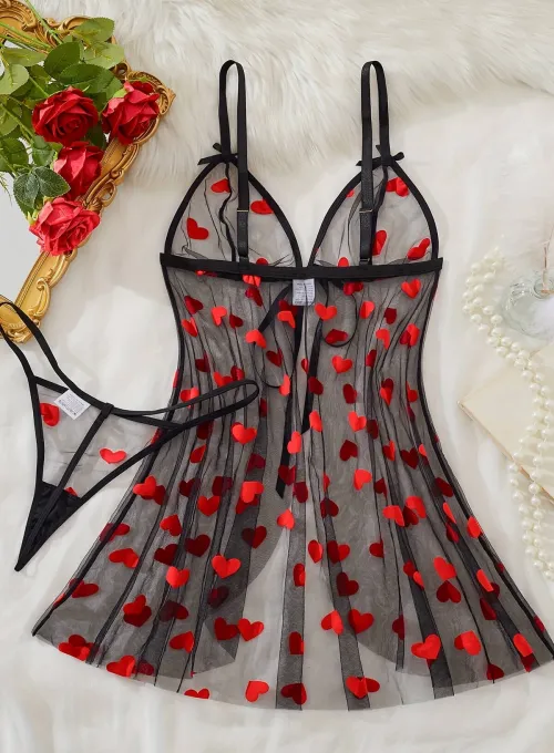 Kalp Desenli Siyah Transparan Gecelik TM1378