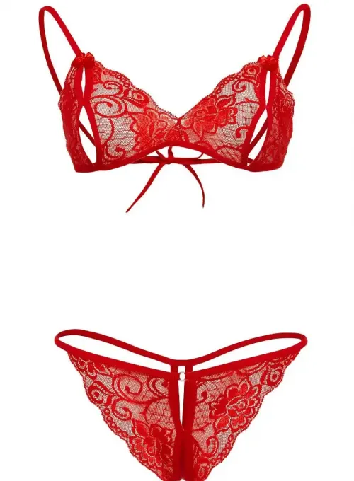 Kırmızı Dantelli Fantazi Sütyen ve G-String Takım TM2048