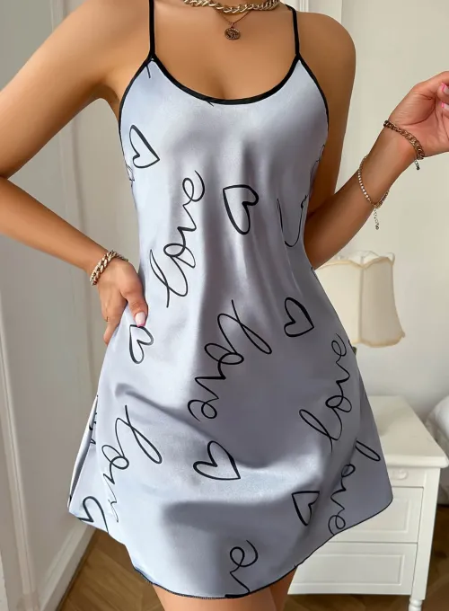 Love Baskılı Gri Saten Gecelik