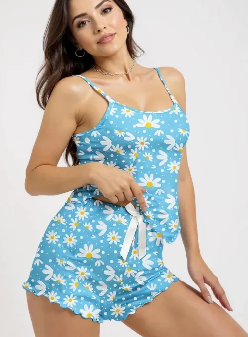 Papatya Baskılı Mavi Askılı Şortlu Pijama Takımı