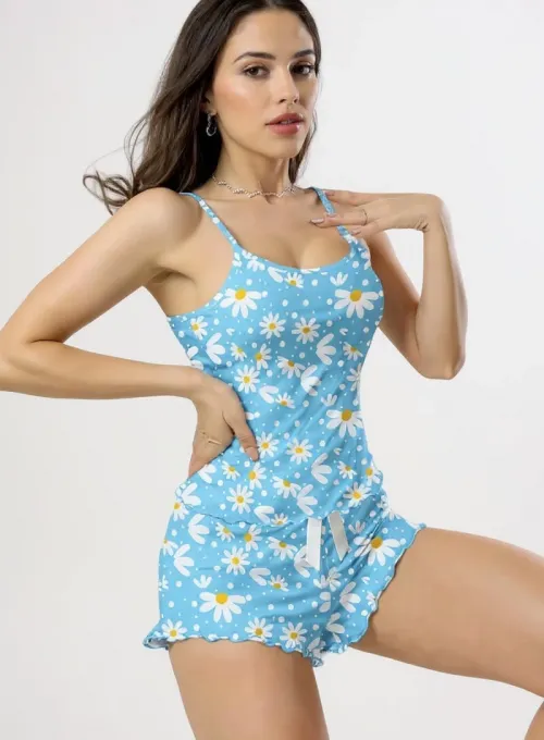 Papatya Baskılı Mavi Askılı Şortlu Pijama Takımı