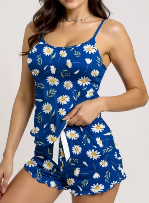 Papatya Desenli Mavi Askılı Şortlu Pijama Takımı