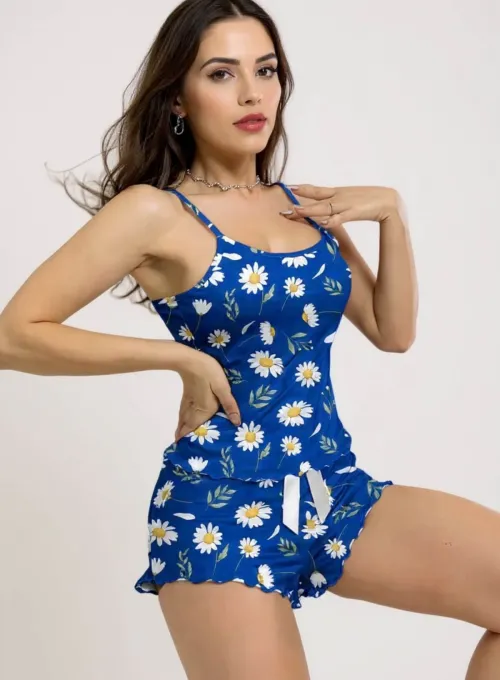 Papatya Desenli Mavi Askılı Şortlu Pijama Takımı
