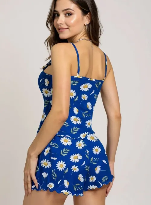 Papatya Desenli Mavi Askılı Şortlu Pijama Takımı
