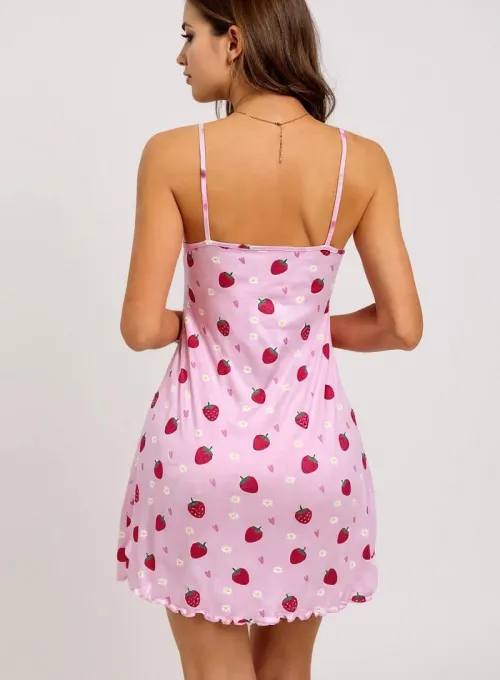 Pembe Çilek Desenli Askılı Kadın Gecelik
