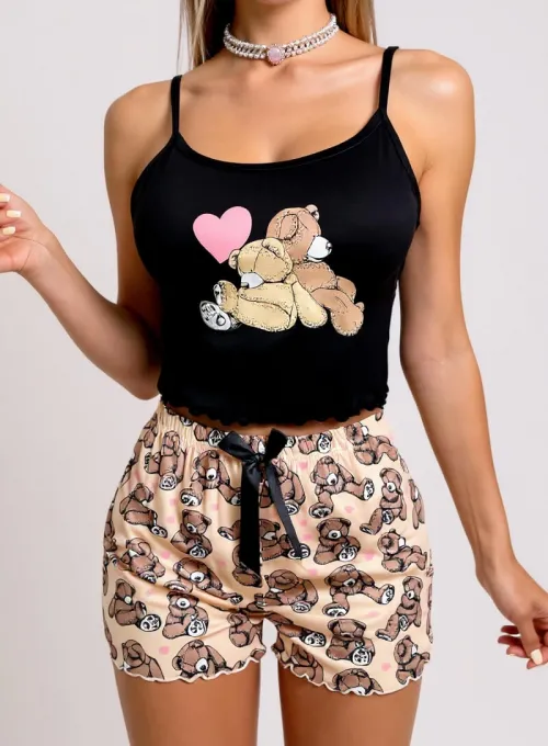 Renkli Ayıcık Desenli Askılı Şortlu Kadın Pijama Takımı