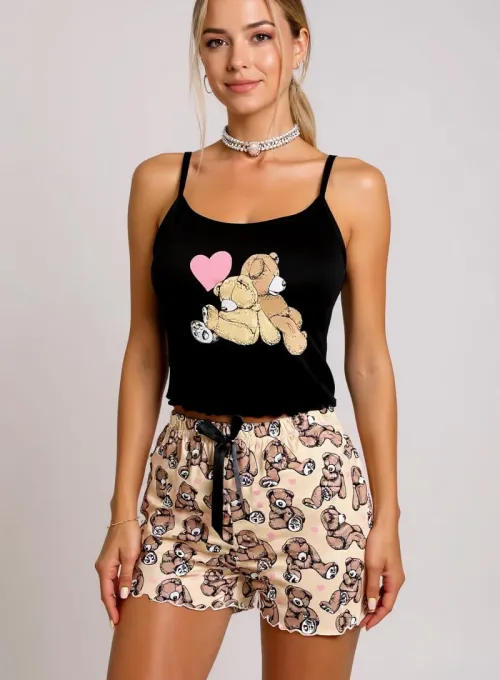 Renkli Ayıcık Desenli Askılı Şortlu Kadın Pijama Takımı