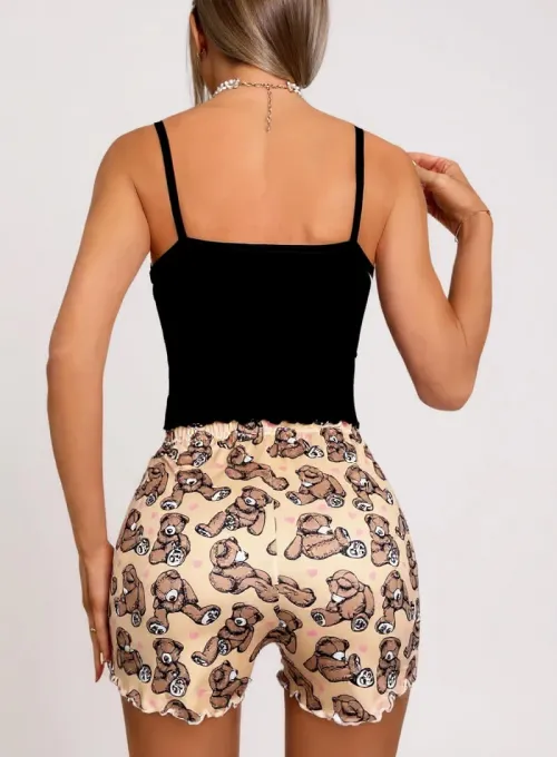 Renkli Ayıcık Desenli Askılı Şortlu Kadın Pijama Takımı