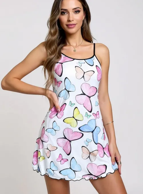 Renkli Kelebek Desenli Askılı Kadın Gecelik