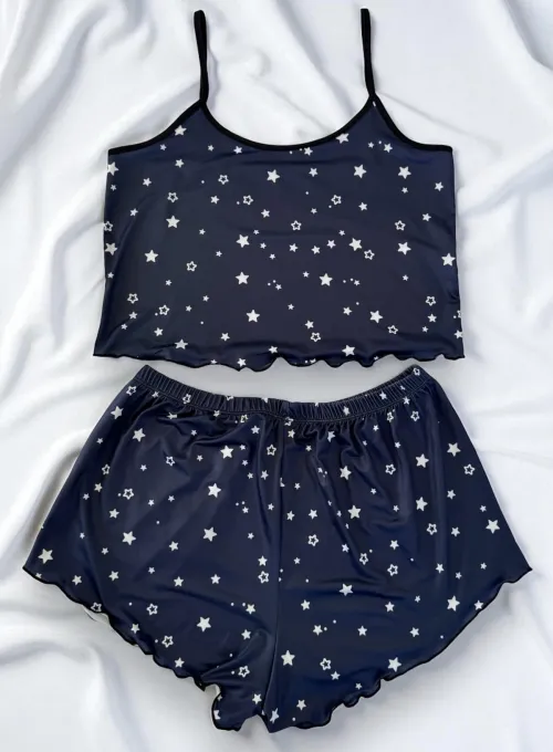 Yıldız Desenli Lacivert Şortlu Pijama Takımı