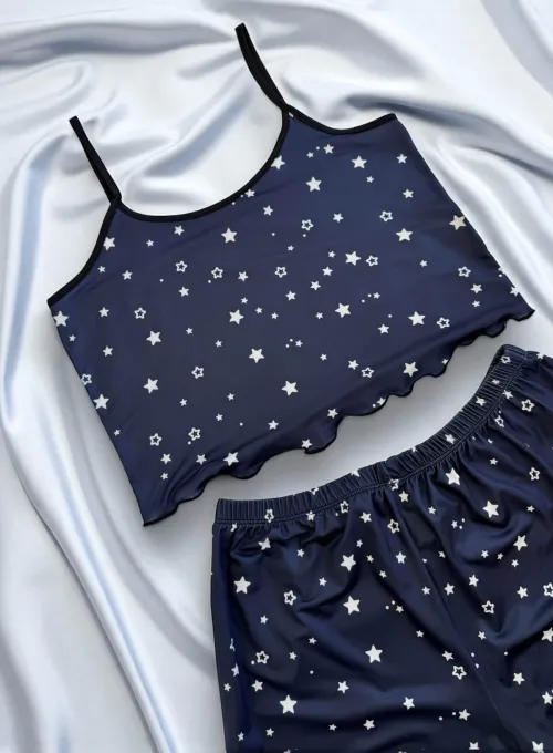 Yıldız Desenli Lacivert Şortlu Pijama Takımı