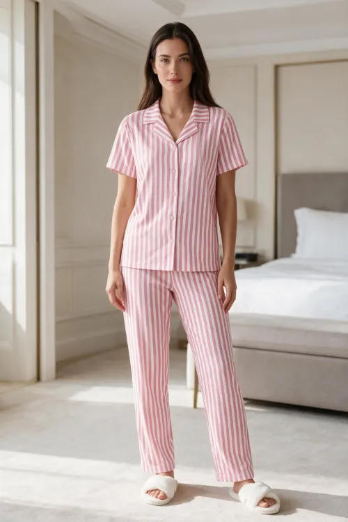Kadın Pembe Beyaz Çizgili Kısa Kollu Düğmeli Milan Kumaş Pijama Takımı