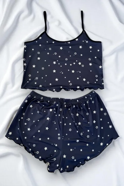 Yıldız Desenli Lacivert Şortlu Pijama Takımı