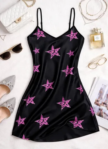 Yıldız Desenli Siyah Askılı Saten Gecelik