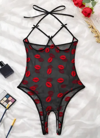 Öpücük Desenli Transparan Siyah Fantazi İç Giyim TM1385