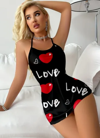 Aşk Temalı Kalp Desenli Siyah Saten Gecelik