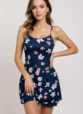 Çiçek Desenli Mavi Askılı Gecelik