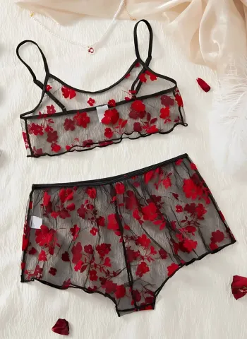 Çiçek Desenli Siyah Transparan Şortlu Gecelik TM1377