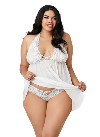 Dantelli Beyaz Büyük Beden Gecelik TM1273