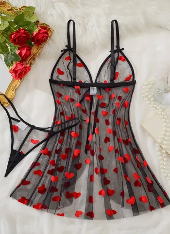 Kalp Desenli Siyah Transparan Gecelik TM1378