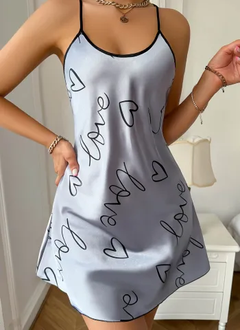 Love Baskılı Gri Saten Gecelik