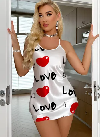 Love Desenli Beyaz Saten Gecelik