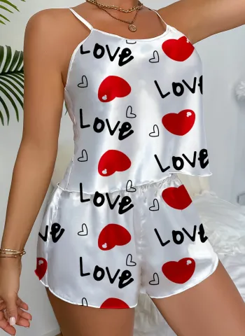 Love Desenli Beyaz Saten Şortlu Gecelik Takım
