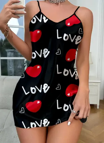 Love Desenli Siyah Saten Gecelik