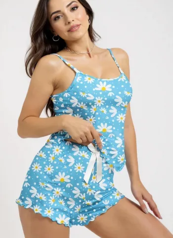 Papatya Baskılı Mavi Askılı Şortlu Pijama Takımı