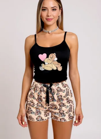 Renkli Ayıcık Desenli Askılı Şortlu Kadın Pijama Takımı