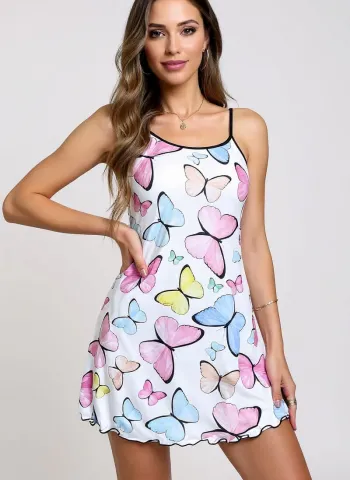 Renkli Kelebek Desenli Askılı Kadın Gecelik