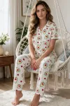Avokado Desenli Kısa Kollu Gömlek Yaka Milan Kumaş Kadın Pijama Takımı