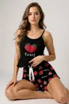 Çilek Baskılı Siyah Askılı Şortlu Pijama Takımı
