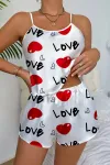 Love Desenli Beyaz Saten Şortlu Gecelik Takım