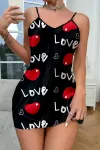 Love Desenli Siyah Saten Gecelik