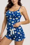 Papatya Desenli Mavi Askılı Şortlu Pijama Takımı