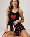 Çilek Baskılı Siyah Askılı Şortlu Pijama Takımı