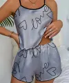 Love Baskılı Gri Saten Şortlu Gecelik Takım