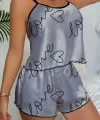 Love Baskılı Gri Saten Şortlu Gecelik Takım