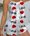 Love Desenli Beyaz Saten Şortlu Gecelik Takım