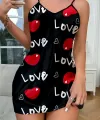 Love Desenli Siyah Saten Gecelik